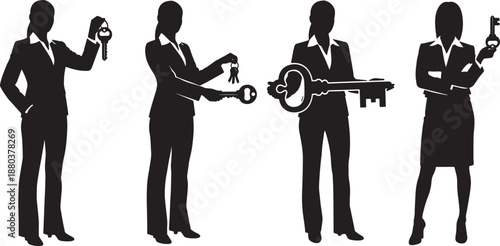 Black Solid Woman Holding Keys Silhouettes Set of Six on White Background