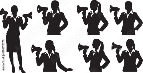 Black Solid Woman Loudspeaker Silhouettes Set of Six on White Background