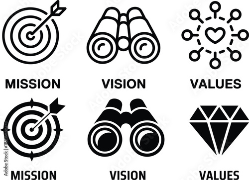 Black and white of mission vision values with target binoculars and diamond