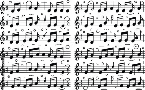 Black and white sheet music with musical notes and random symbols