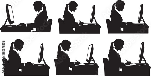 Black Solid Office Desk Work Silhouettes Set of Six on White Background