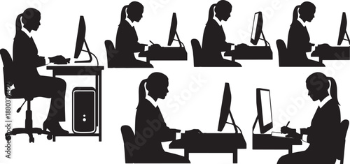 Black Solid Office Desk Work Silhouettes Set of Six on White Background