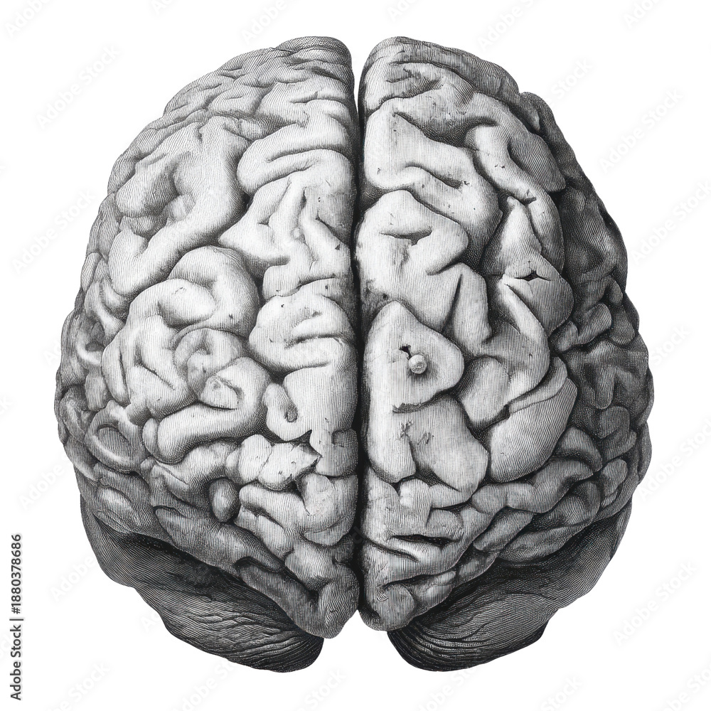 Naklejka premium Detailed engraving of human brain top view with black background anatomy illustration, Png On White Background, Isolated on Transparent Background, Cut Out