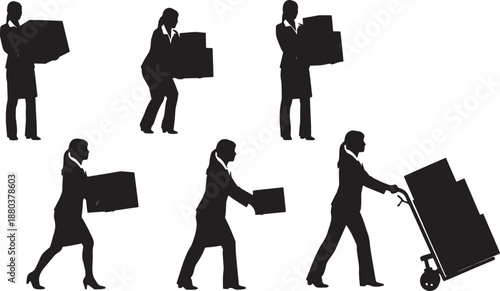 Black Solid Business Moving Boxes Silhouettes Set of Six on White Background