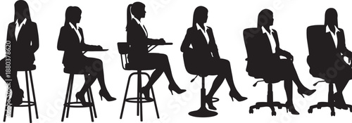 Black Solid Woman On Stool Silhouettes Set of Six on White Background