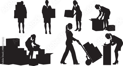 Black Solid Business Moving Boxes Silhouettes Set of Six on White Background