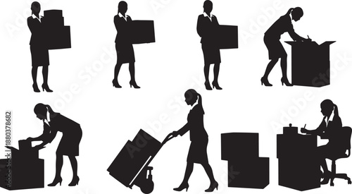 Black Solid Business Moving Boxes Silhouettes Set of Six on White Background