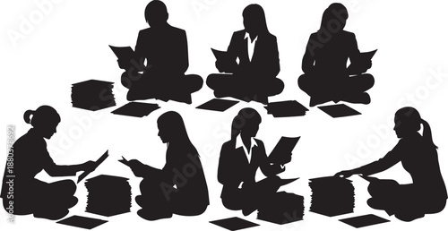 Black Solid Woman Sorting Files Silhouettes Set of Six on White Background