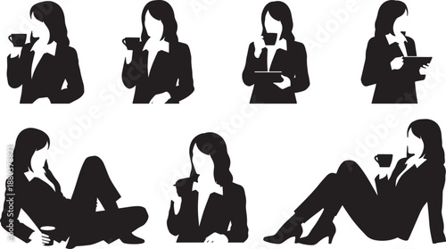 Black Solid Business Woman Coffee Break Silhouettes Set of Six on White Background