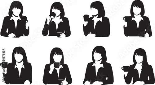 Black Solid Business Woman Coffee Break Silhouettes Set of Six on White Background