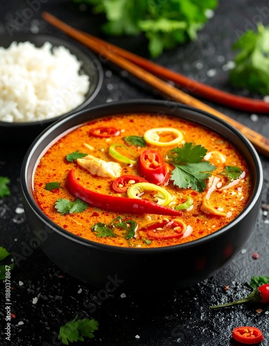 A bowl of spicy soup with vegetables and herbs