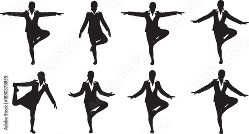 Black Solid Woman Cleaning Desk Silhouettes Set of Six on White Background