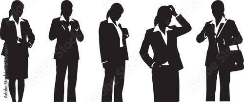 Black Solid Woman Leaning Desk Silhouettes Set of Six on White Background