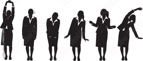 Black Solid Woman Stretching Arms Silhouettes Set of Six on White Background