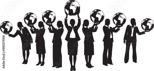 Black Solid Woman Holding Globe Silhouettes Set of Six on White Background
