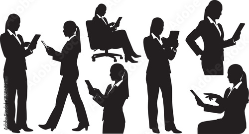 Black Solid Business Woman Using Tablet Silhouettes Set of Six on White Background