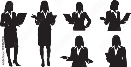 Black Solid Female Manager With Clipboard Silhouettes Set of Six on White Background