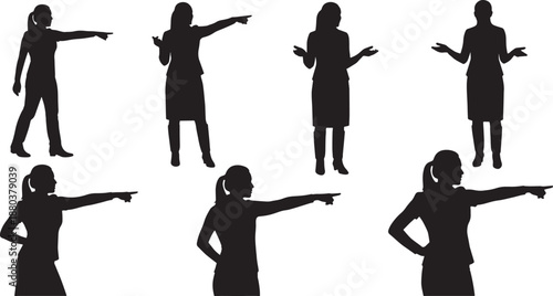 Black Solid Female Leader Directing Silhouettes Set of Six on White Background