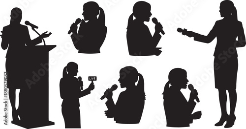 Black Solid Woman With Microphone Silhouettes Set of Six on White Background