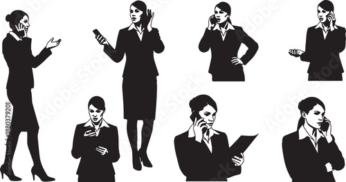 Black Solid Business Woman On Phone Silhouettes Set of Six on White Background