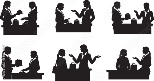 Black Solid Customer Service Woman Silhouettes Set of Six on White Background