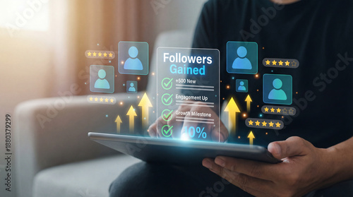 Person analyzing social media follower growth on tablet with graphics