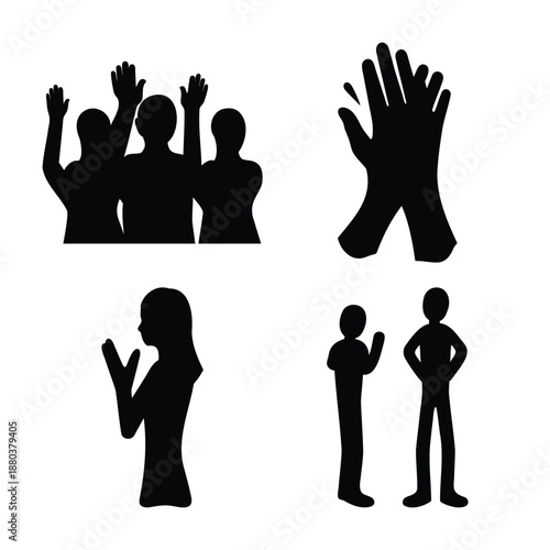 Collection of black silhouette icons depicting various human interactions and expressive gestures