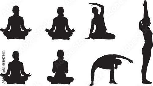 Black Solid Office Yoga Woman Silhouettes Set of Six on White Background