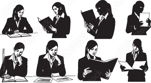 Black Solid Business Woman Reading Silhouettes Set of Six on White Background