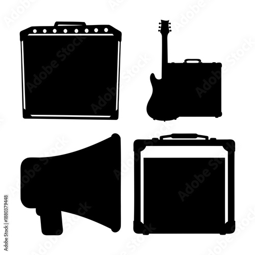 A collection of essential musical instruments and sound equipment silhouettes for performances