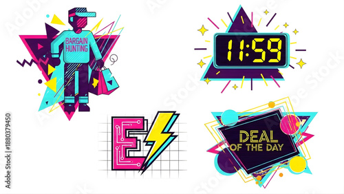 Retro 80s Style Sale and Discount Graphics with Bold Geometric Shapes and Neon Accents