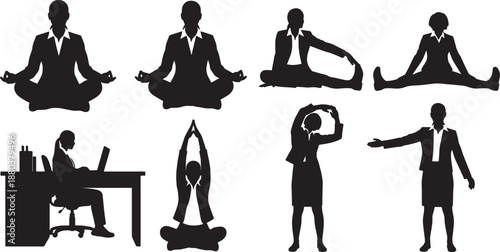 Black Solid Office Yoga Woman Silhouettes Set of Six on White Background