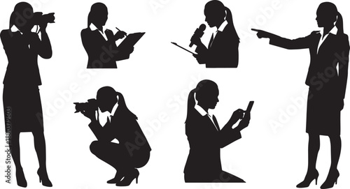 Black Solid Woman With Camera Silhouettes Set of Six on White Background
