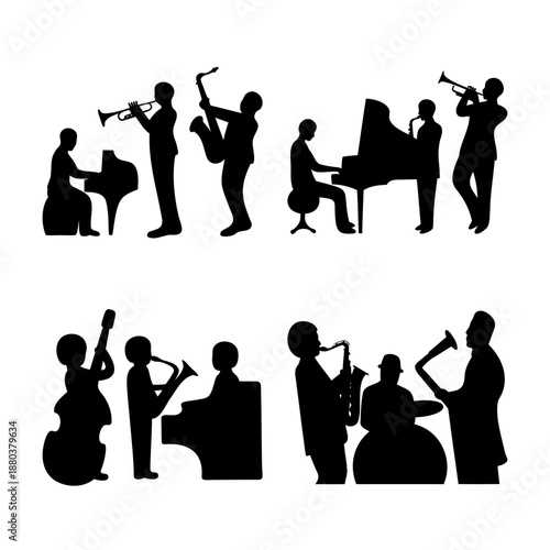 Dynamic silhouettes of jazz musicians playing various instruments in lively musical compositions