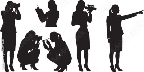 Black Solid Woman With Camera Silhouettes Set of Six on White Background