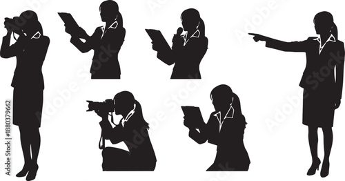 Black Solid Woman With Camera Silhouettes Set of Six on White Background