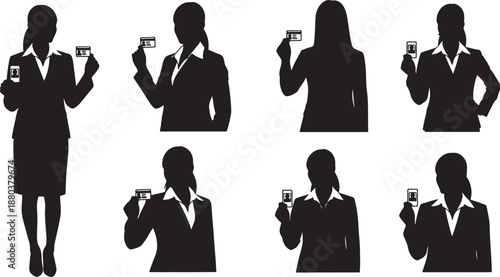 Black Solid Woman With ID Card Silhouettes Set of Six on White Background