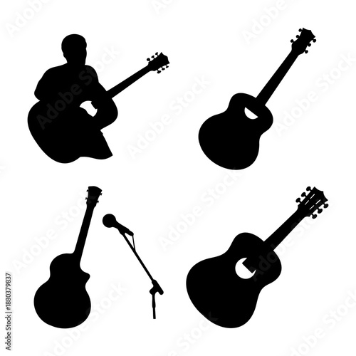 Musical silhouettes: a collection of acoustic guitars and a performer with a microphone