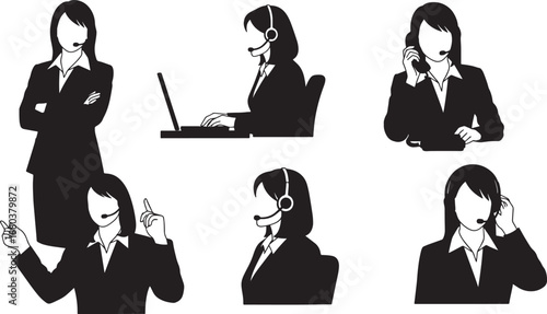 Black Solid Call Center Woman Silhouettes Set of Six on White Background