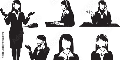 Black Solid Call Center Woman Silhouettes Set of Six on White Background