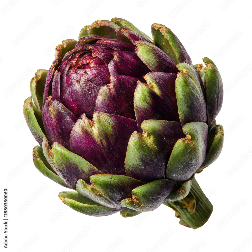 Fototapeta premium Close up of a fresh purple artichoke with green leaves on black background vegetable food, Png On White Background, Isolated on Transparent Background, Cut Out