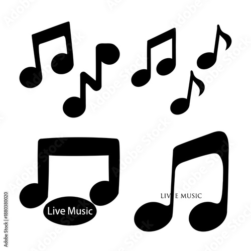 Stylized black music notes and live music text elements on a clean white background