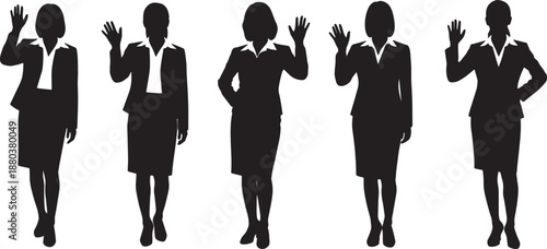 Black Solid Woman Waving Hand Silhouettes Set of Six on White Background