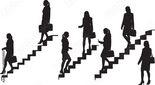 Black Solid Woman Walking Down Silhouettes Set of Six on White Background