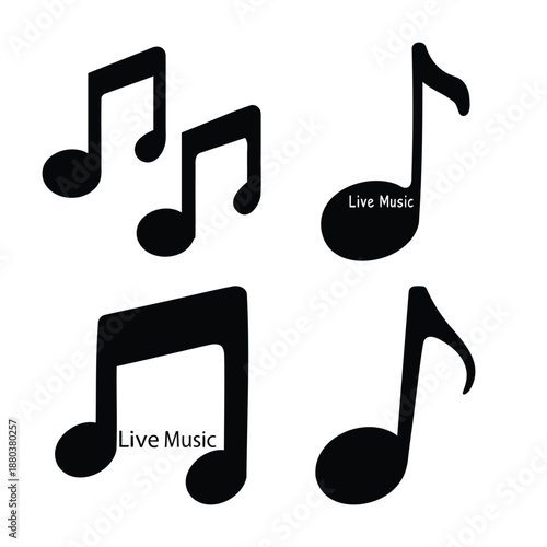 Black musical notes illustration with 'live music' text on a simple white background
