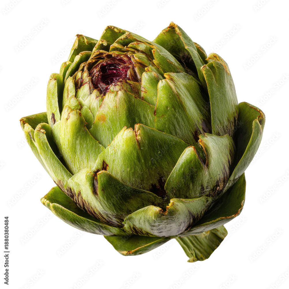 Obraz premium Close up of a fresh green artichoke with purple center on black background vegetable, Png On White Background, Isolated on Transparent Background, Cut Out
