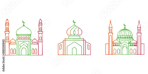 Colourful Masjid Icons, Islamic Architecture Outline, Ramadan Kareem Graphics, Eid Mubarak Vector Elements