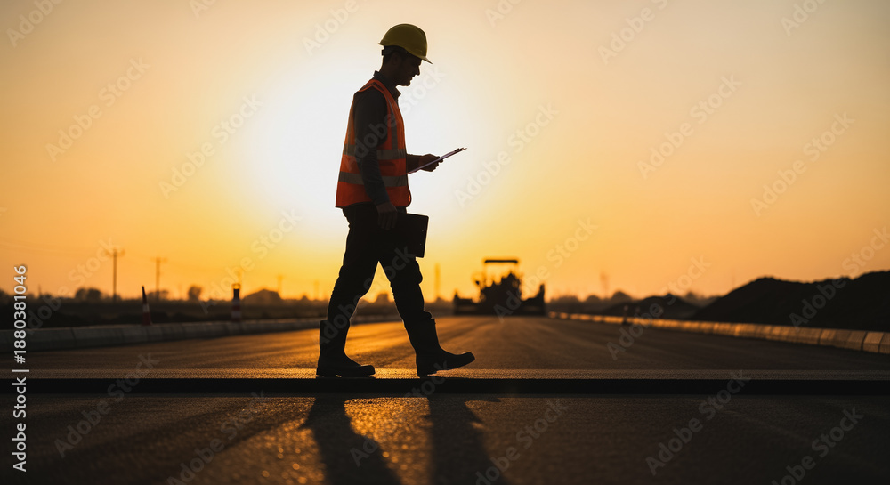 Obraz premium Silhouette of construction worker walking on road construction site at sunset, inspecting pavement quality.