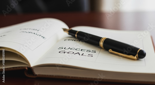 Wallpaper Mural Fountain pen resting on an open planner with 'SUCCESS GOALS' written on the page, symbolizing business planning, motivation, and future achievement strategy. Torontodigital.ca