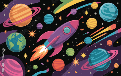 Colorful rocket ship flying through space with planets and stars